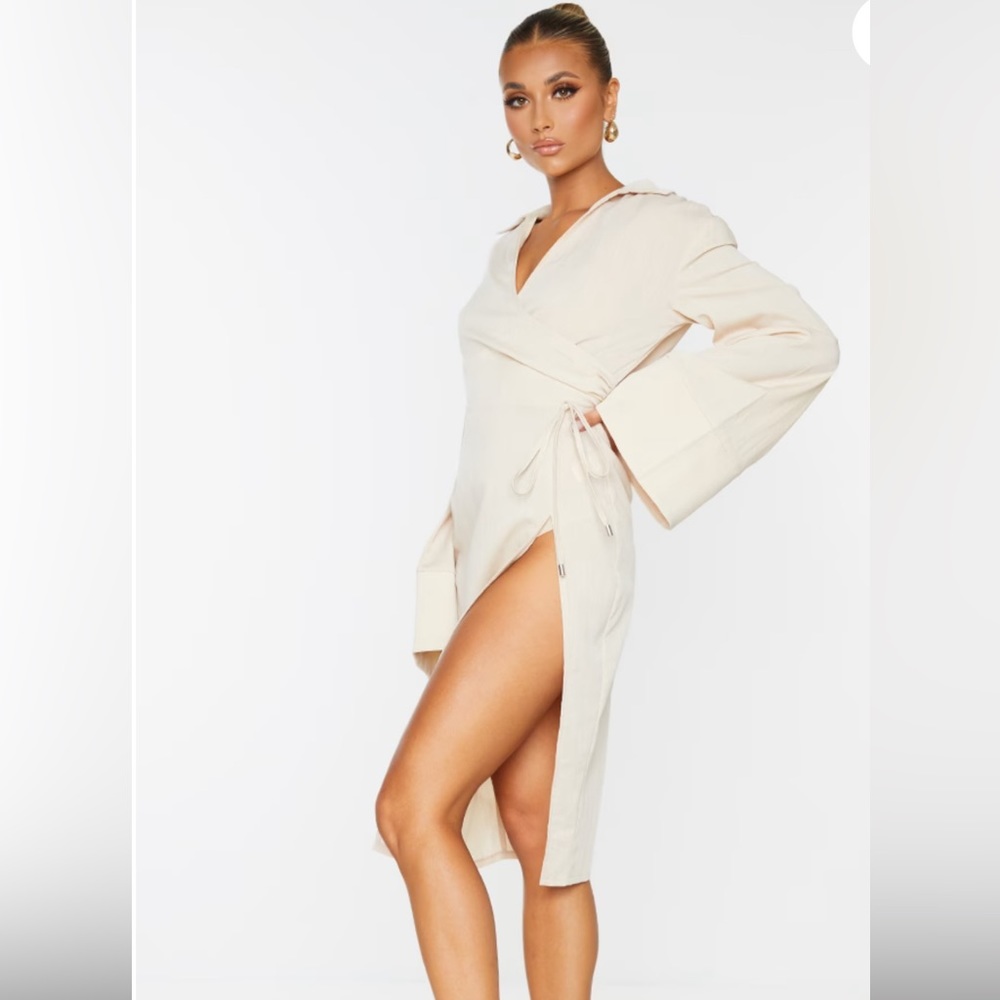 New! Stone Textured Wrap Detail Flare Sleeve Midaxi Dress